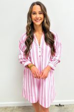 Rose Striped Long Sleeve Buttons Loose Mini Dress - Image 5