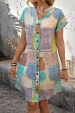 Multicolour Boho Geometric Print Button Up Mini Dress - Image 4