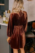 Clay Elastic V Neck Puff Sleeve Flowy Velvet Dress - Image 2