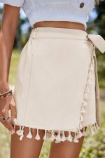 Apricot Boho Tassel Trim Wrap Knot Side Mini Skort - Image 3