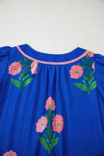 Blue Striped Trim Short Sleeve Split Neck Floral Mini Dress - Image 6