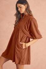 Gold Flame Light Snap Button Empire Waist Lantern Sleeve Corduroy Dress - Image 4