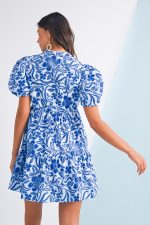 Blue Flower Print Puff Sleeve Ruffle Mini Dress - Image 2