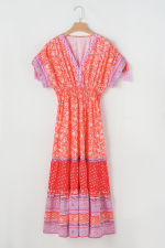 Red Boho Floral Tassel Tie Sleeve Maxi Dress - Image 9