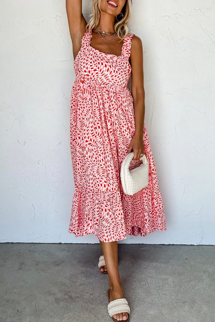 Pink Geometric Print Knot Back Sleeveless Ruffle Hem Dress