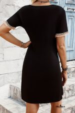 Black Lace Trim V Neck Short Sleeve Mini Dress - Image 2