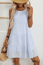 Light Blue Gingham High Waist Sleeveless Mini Dress - Image 4