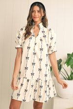 Beige Cute Bowknot Printed Bubble Sleeve V Neck Mini Dress - Image 4