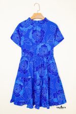 Blue Floral Print Ruffle Hem V Neck Flowy Mini Dress - Image 5