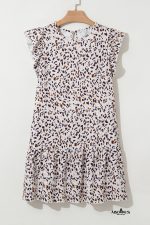 Khaki Leopard Ruffle Flutter Sleeve Keyhole Back Mini Dress - Image 6