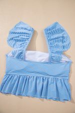 Sky Blue Striped Ruffled Shoulder Peplum Top 2 Piece Tankinis - Image 6