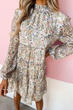 Green Floral Print Tiered Frilled Shirred Mock Neck Mini Dress - Image 13