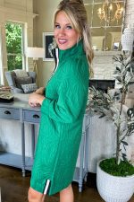 Sea Green Jacquard Textured Quarter Zipper Pop of Color Neckline Dress - Image 5