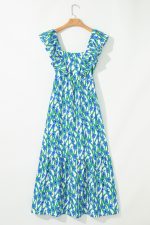 Blue Floral Print Square Neck Ruffled Strap Maxi Dress - Image 7