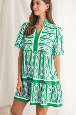 Bright Green Abstract Print Puff Sleeve Pop of Color Neckline Dress - Image 4