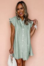 Green Stripe Frill Trim Pocket Button Up Mini Dress - Image 4