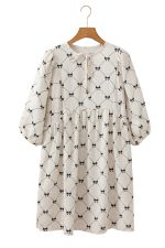 White Sweet Bow Print Lantern Sleeve Mini Dress - Image 16