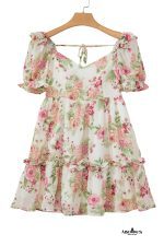 White Floral Print Sweetheart Neck Bubble Sleeve Ruffle Mini Dress - Image 17