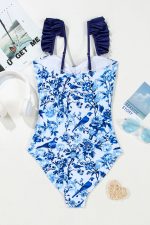 Blue Cutout Ruffle Spaghetti Strap One-Piece Swimwear - Image 4