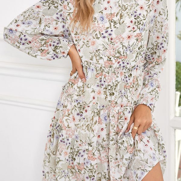 Green Floral Print Tiered Frilled Shirred Mock Neck Mini Dress