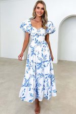 White Abstract Print Bubble Sleeve Swing High End Dress - Image 3