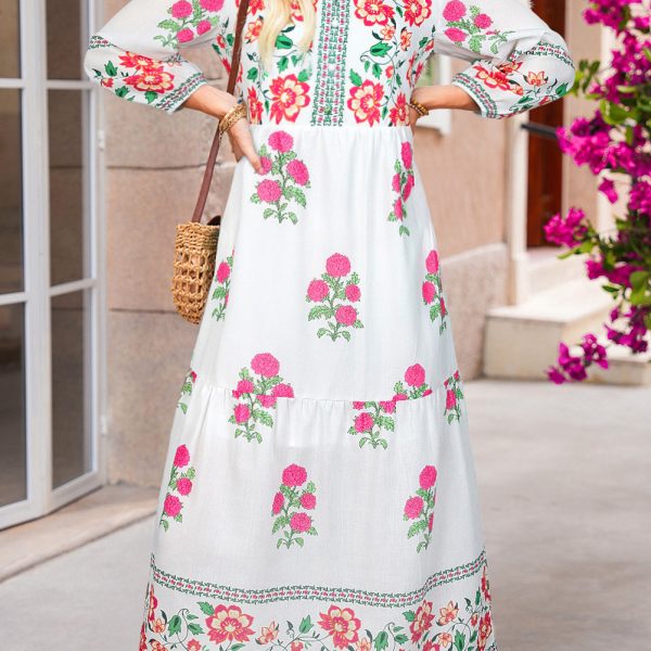 White Floral Print Loose Tiered Maxi Dress