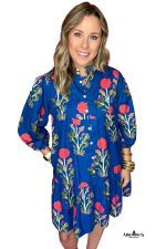 Blue Floral Print Button Front 3/4 Puff Sleeve Ruffle Hem Dress - Image 12
