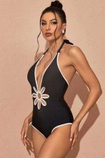 Black Hollow Out Backless Deep V Neck One Piece Swimsuit - Image 3