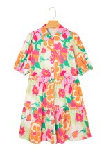Pink Floral Puff Sleeve Collar Buttoned Babydoll Dress - Image 13