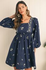 Blue Floral Print Puff Sleeve Babydoll Dress - Image 4