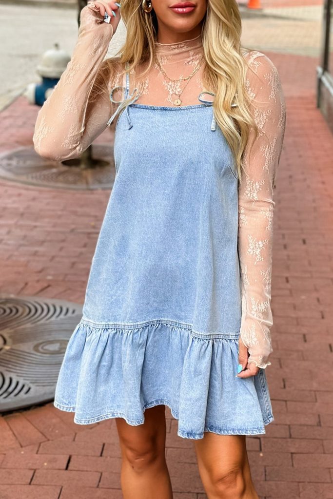 Beau Blue Bow Detail Spaghetti Straps Ruffle Hem Denim Dress