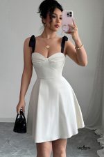 White Sweetheart Neck Tie Shoulder Mini Dress - Image 3