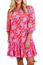Red Floral 3/4 Sleeve Ruffle Hem Mini Dress - Image 11