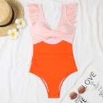 Orange Color Block Cut Out Criss Cross One Piece Swimsuit - Image 2