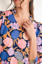 Navy Blue Hydrangea Floral V Neck Puff Sleeve Dress - Image 6