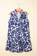 Blue Floral Sleeveless Notched V Neck Mini Dress - Image 9