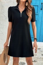Black Textured Zipped Collar Shift Polo T Shirt Dress - Image 3