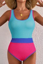 Rose Red Textured Colorblock One Piece Swimsuit