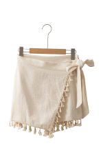 Apricot Boho Tassel Trim Wrap Knot Side Mini Skort - Image 14