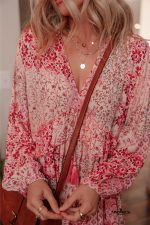 Pink Bohemian Floral Print Tassel Tie Long Sleeve Flowy Mini Dress - Image 4