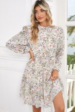 Green Floral Print Tiered Frilled Shirred Mock Neck Mini Dress - Image 5