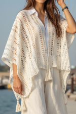 Beige Solid Color Tassel Open Front Knit Cover Up
