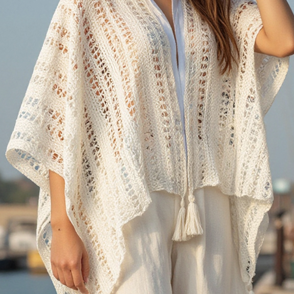 Beige Solid Color Tassel Open Front Knit Cover Up