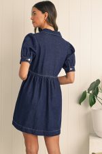 Dirty Blue Puff Sleeve Half Zipper Denim Flowy Dress - Image 2