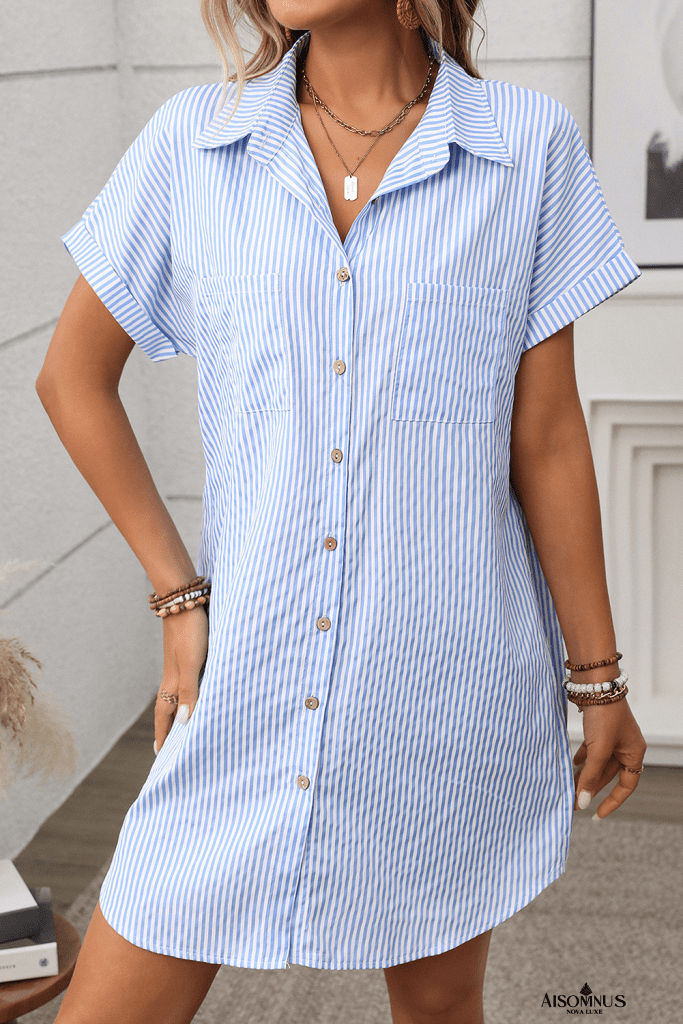 Sky Blue Stripe Button Up Pocket Collared Mini Dress