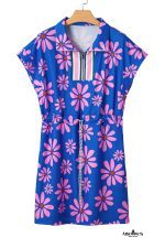 Purple Pop of Color Quarter Zip Collar Drawstring Waist Floral Mini Dress - Image 16