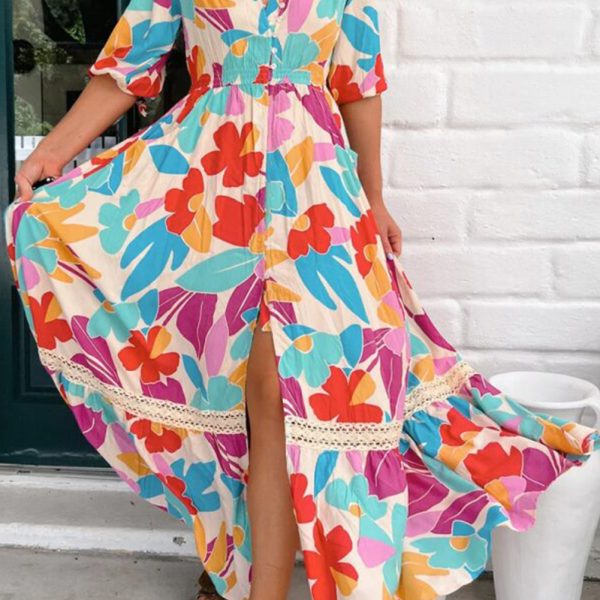 Rose Red Floral Knot Puff Sleeve V Neck Buttoned Front Split Lace Maxi Dress