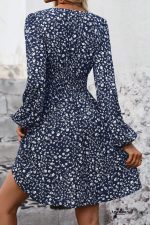 Dirty Blue Floral Print V Neck Long Sleeve Mini Dress - Image 2