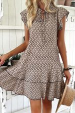 Simply Taupe Bohemian Print V-Neck Flutter Sleeve Ruffle Mini Dress - Image 3