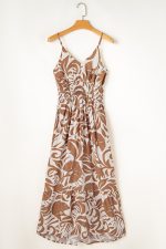 Khaki Floral Shirred High Waist Spaghetti Straps Maxi Dress - Image 7